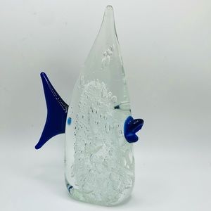 Hand Blown Art Glass Clear and Cobalt Blue 7.25” Tall Fish Paperweight